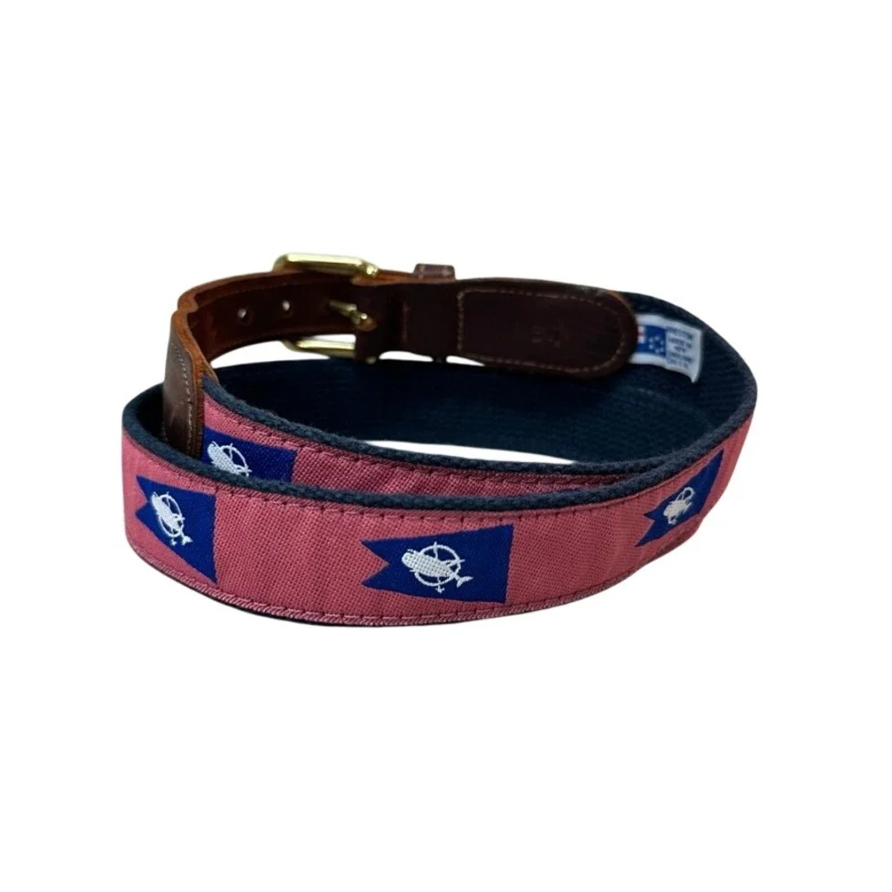 Preston New England Mens 34 Nautical Yacht Flag Surcingle Belt Pink Navy Leather